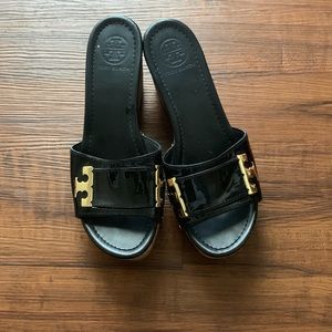 Tory Burch patent black wedge .
